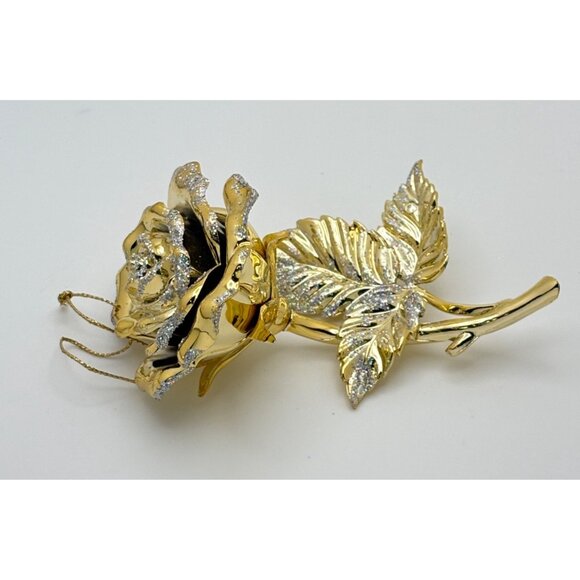 Vintage Gold Tone Rose Christmas Tree Ornament Flower with Glitter Accents - Picture 4 of 7